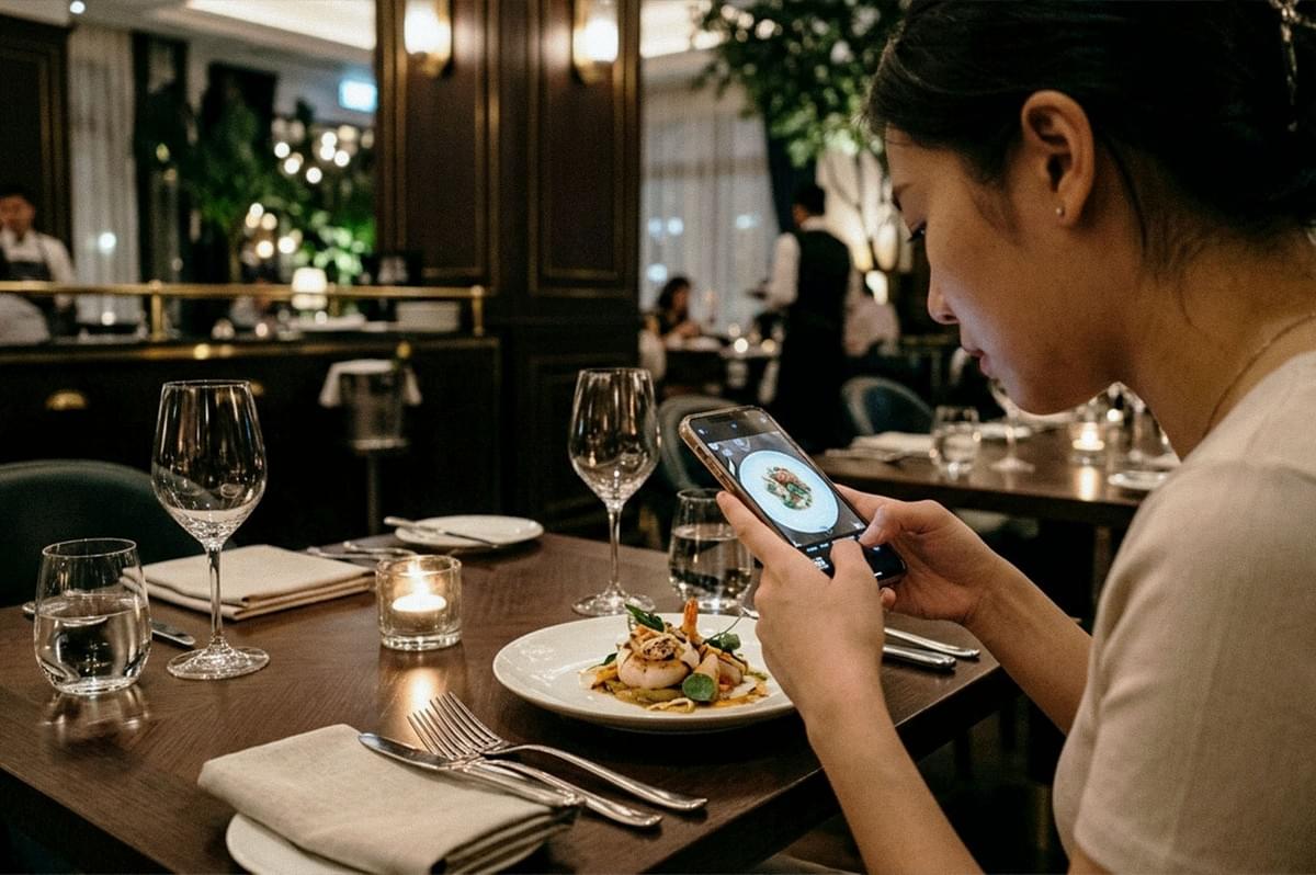 A diner photographs a plated meal with a smartphone at an elegant restaurant table set with wine glasses and candlelight.