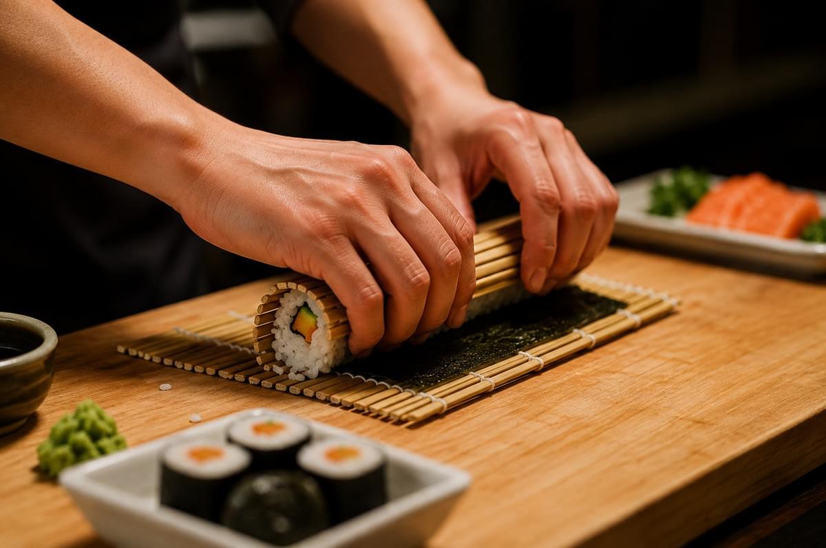 A sushi chef using a bamboo mat to roll a maki roll filled with rice, avocado, and salmon.