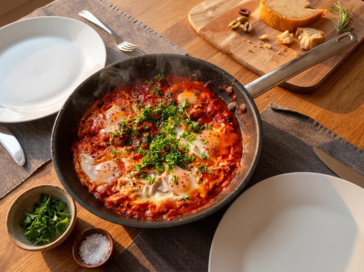 A skillet of steaming shakshuka heavily garnished with chopped parsley, served on a wooden dining table alongside white plates, cutlery, salt, and a cutting board with sliced bread.