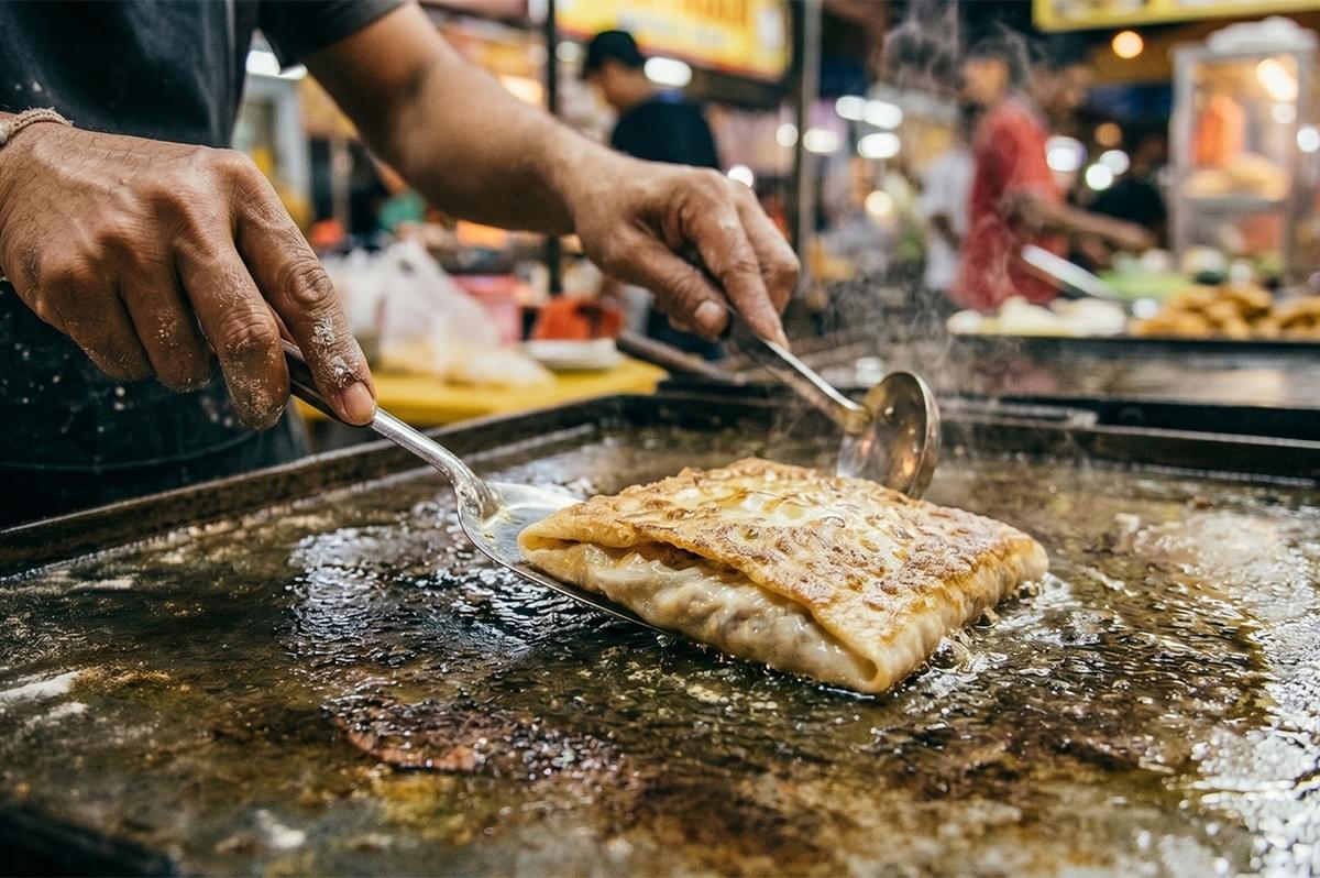 A street food vendor frying a golden-brown Murtabak on a large flat griddle at a bustling night market.