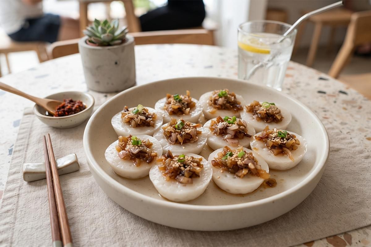 Chwee kueh topped with preserved radish and chili served on a plate.