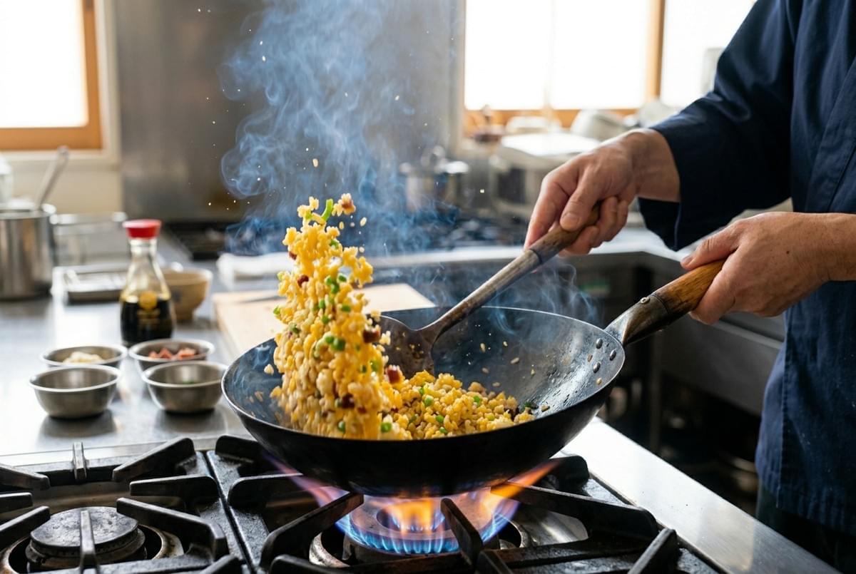 Chef tossing fried rice in a hot wok over an open gas flame.