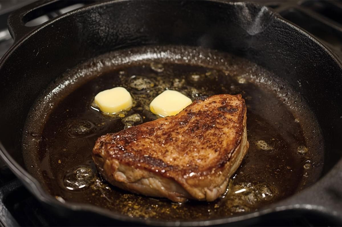 A thick cut of steak searing in a hot, black cast iron skillet, surrounded by melted butter and sizzling juices.