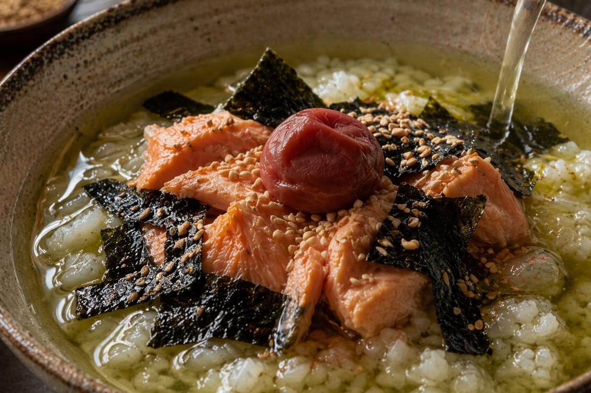This extreme close-up highlights the rich textures and vibrant colors of the Ochazuke bowl. The focus is sharp on the moist, flaky texture of the grilled salmon and the wrinkled, matte surface of the central Umeboshi. Droplets of the light green broth glisten on the grains of white rice and the dark, crispy nori strips, while toasted sesame seeds are scattered throughout, adding a fine, grainy detail. A thin, translucent stream of tea is frozen in motion as it pours into the right side of the bowl, creating small ripples in the liquid and emphasizing the fresh, prepared-to-order nature of the meal.