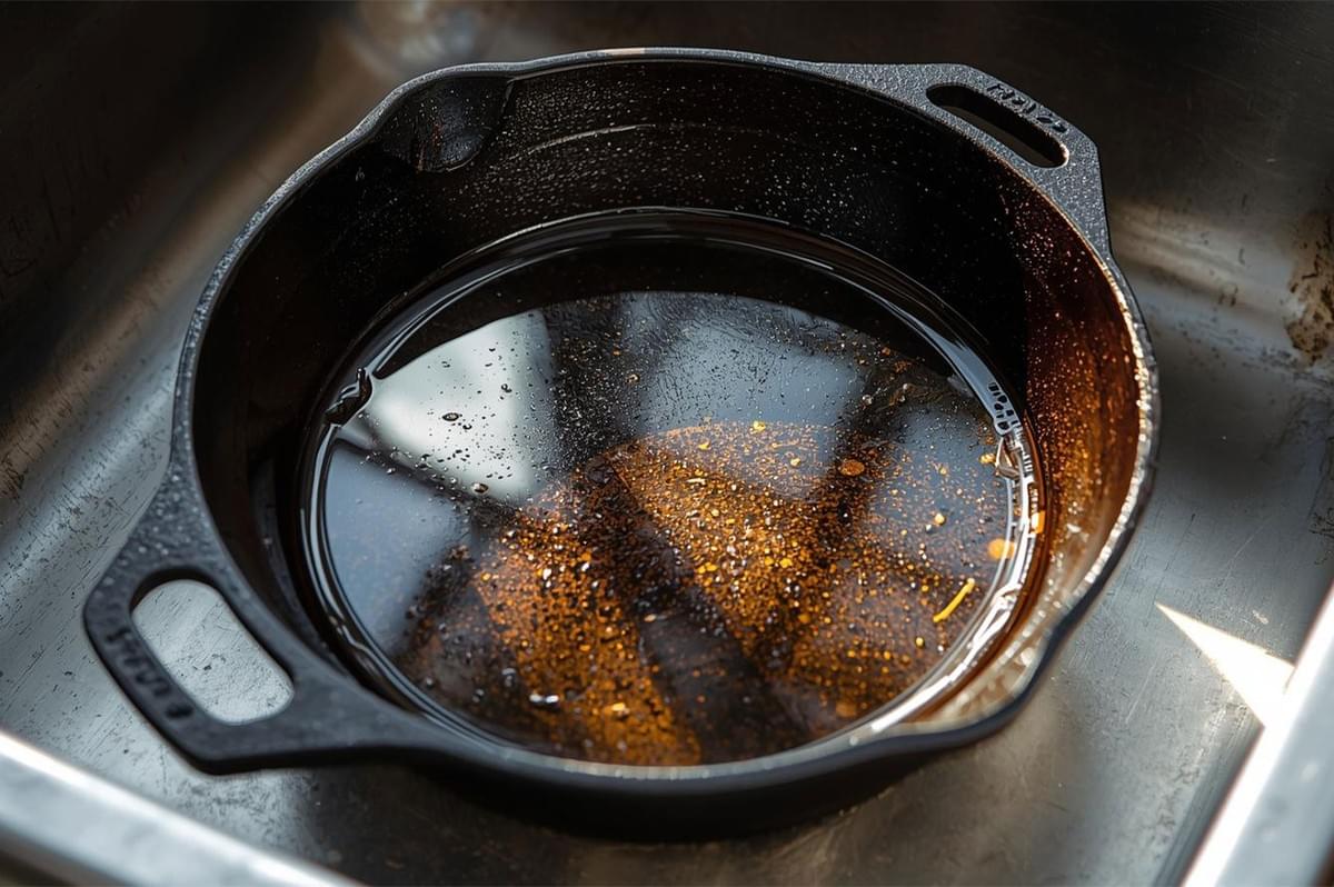 A cast iron skillet sitting in a kitchen sink, partially filled with water, showing signs of orange rust on the bottom surface.