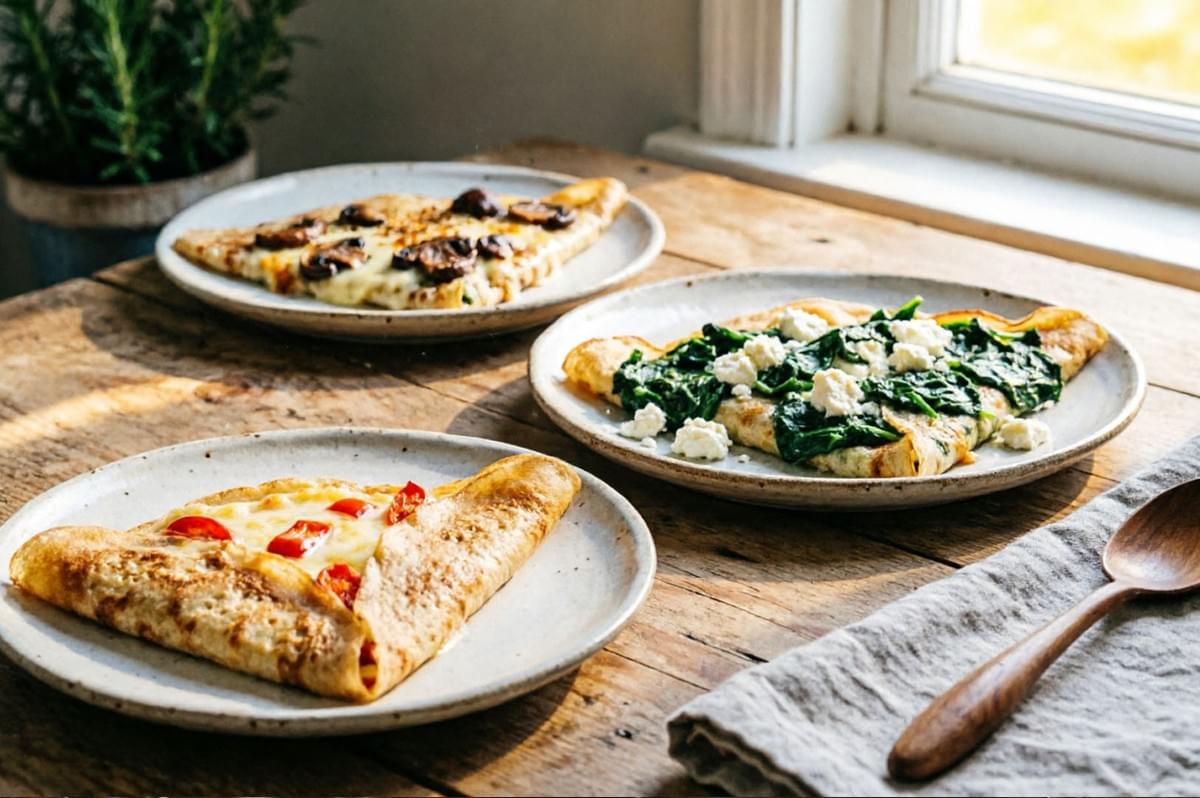 Three savory crepes with mushroom Swiss, spinach feta, and cheese toppings on rustic plates by window