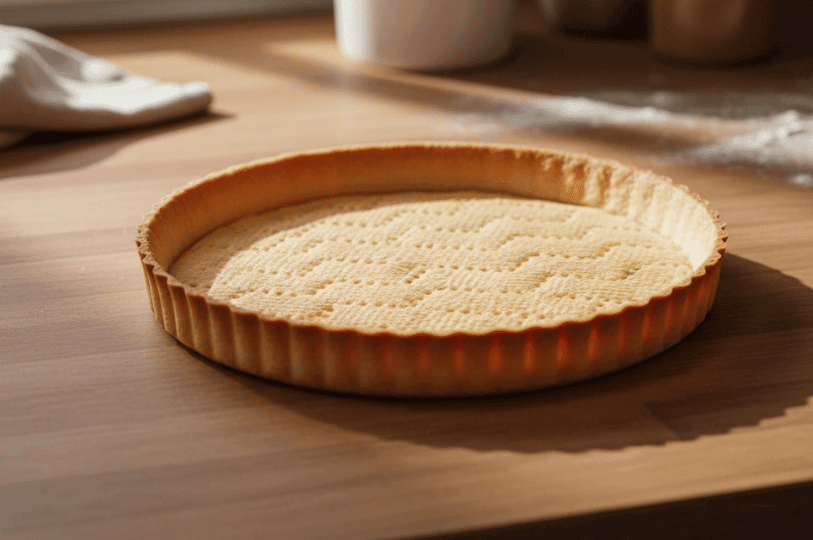 A golden-baked tart crust rests in a fluted pan on a flour-dusted wooden surface, its crisp edges and docked base showcasing the precision behind perfect tart foundations for a feature on crust technique.