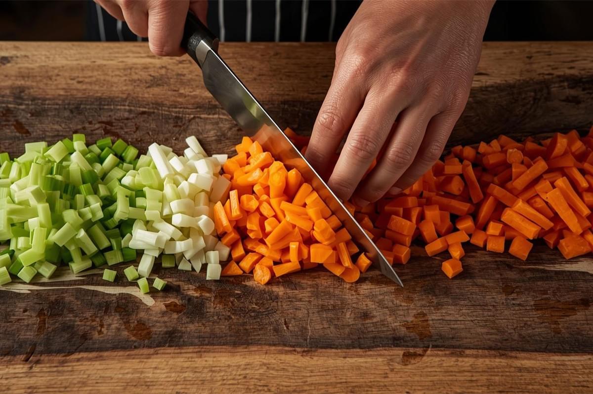 Close-up of a chef dicing and cutting a colorful mixture of celery, onion, and carrots (mirepoix) on a wooden cutting board with a large kitchen knife.