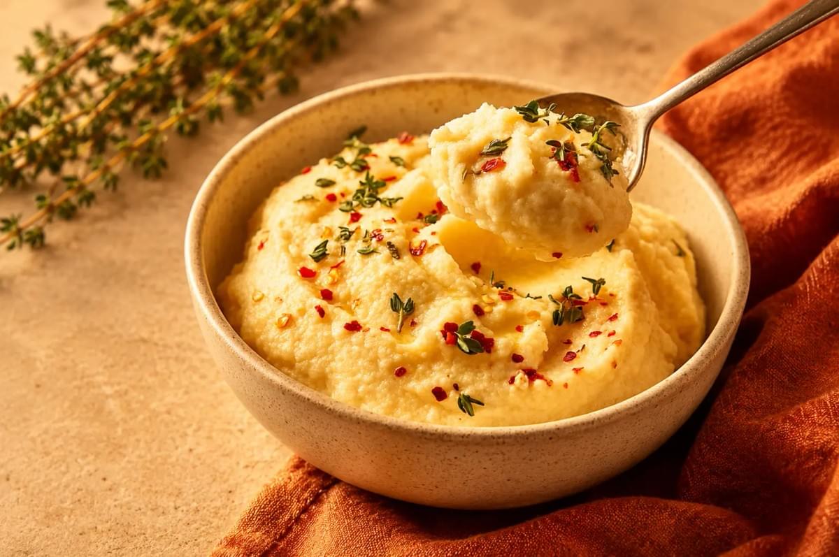 A bowl of creamy mashed cauliflower topped with red pepper flakes and fresh thyme, with a spoonful being lifted out.