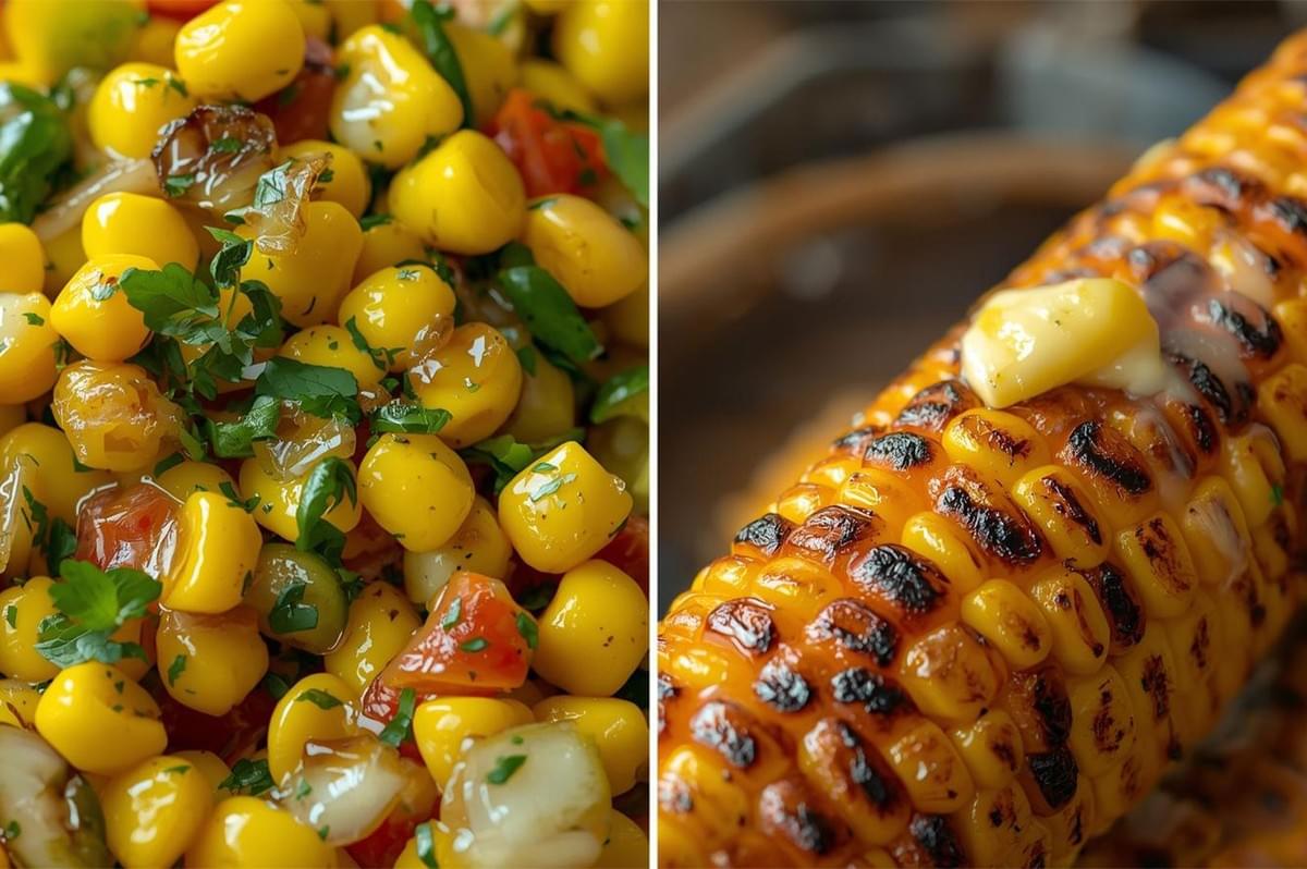 Diptych image contrasting two corn dishes: (left) a close-up of fresh corn salsa with tomatoes and herbs, and (right) a macro shot of heavily charred grilled corn topped with melting butter.