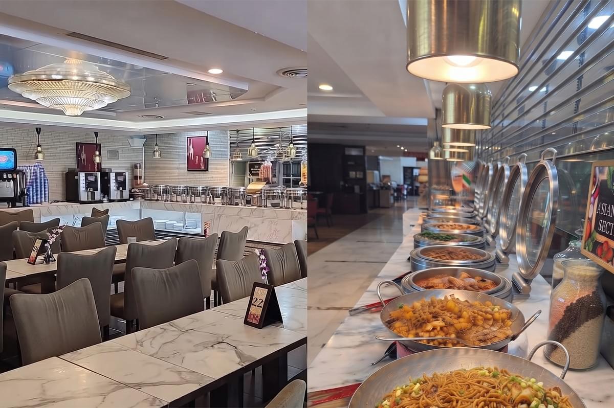 Halal restaurant interior featuring a modern dining area and a buffet counter with warm lighting.