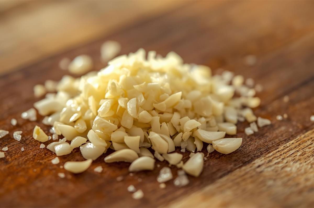 A close-up, low-angle shot of a small pile of finely minced garlic on a wooden cutting board, with light highlighting the small pieces.