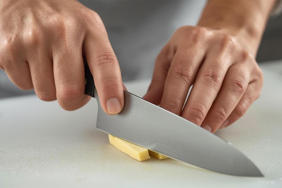 A close-up on hands demonstrating a proper knife grip on a chef's knife while cutting a small stick of yellow vegetable or cheese on a white cutting board.
