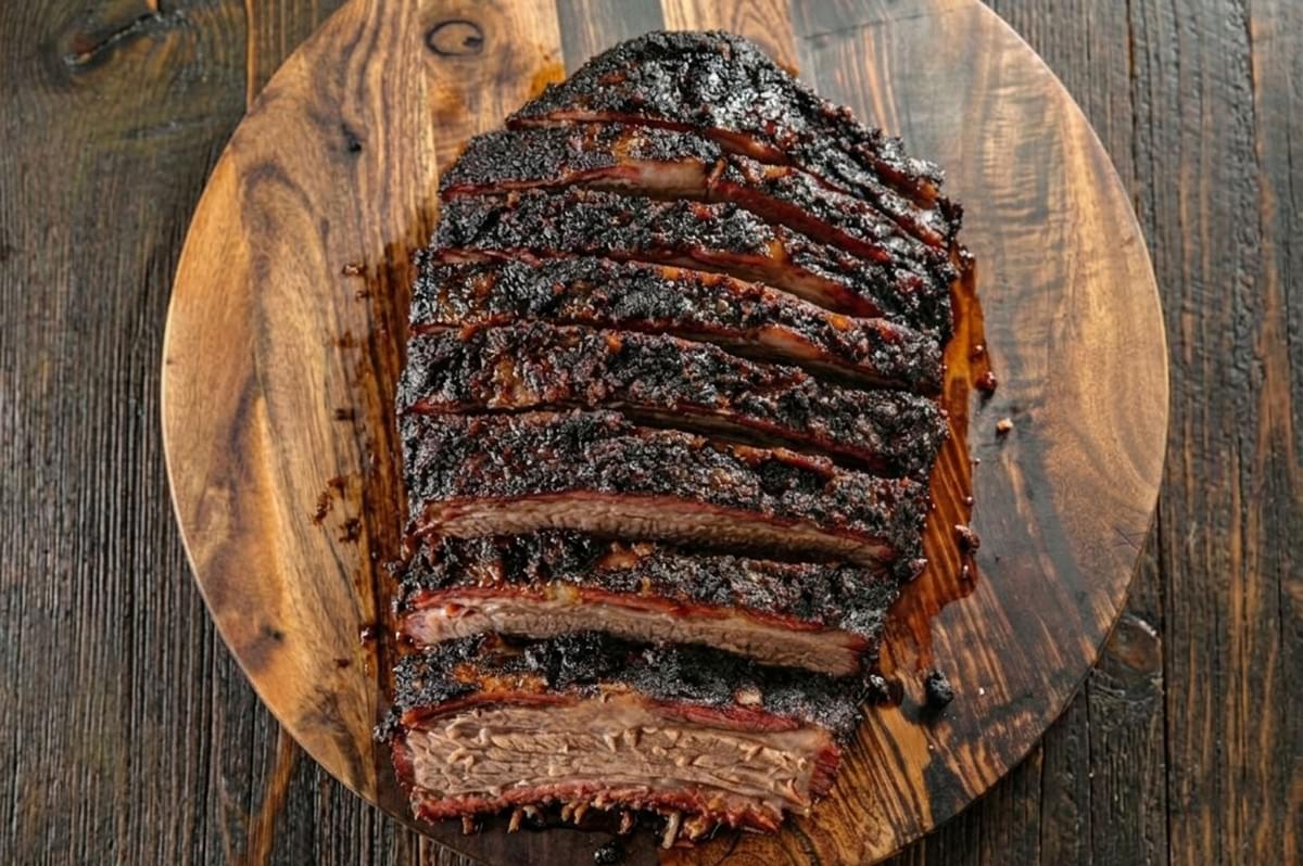Sliced grilled meat with dark caramelized crust arranged on wooden cutting board showing juicy interior