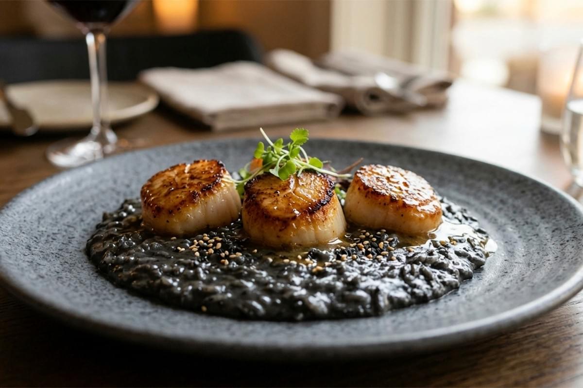 A gourmet dish of Black Sesame Risotto served on a dark, textured slate-gray plate. The risotto is a deep, glossy charcoal black, spread in a neat circle. Three large, perfectly seared sea scallops with golden-brown crusts are nestled on top. The dish is garnished with a sprinkle of toasted white and black sesame seeds and a small cluster of fresh microgreens. The background is a softly blurred, warm restaurant setting with a wine glass and candlelight.