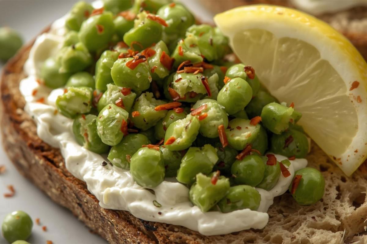 A slice of whole-grain toast spread with cream cheese, topped with chunky smashed peas, chili flakes, and garnished with a lemon wedge.