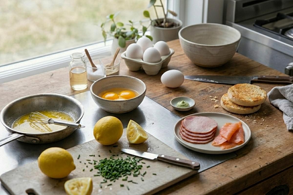 A high-angle "mise en place" shot of a rustic wooden kitchen counter prepared for cooking. Various ingredients are spread out: a bowl of bright yellow egg yolks, a carton of whole white eggs, a small dish of green wasabi paste, a plate with sliced ham and smoked salmon, and toasted English muffins. A cutting board in the foreground holds fresh lemons and a pile of chopped chives next to a paring knife. A whisk sits in a small pan of melted butter, and small jars of vinegar and salt are visible in the background near a window with potted plants.