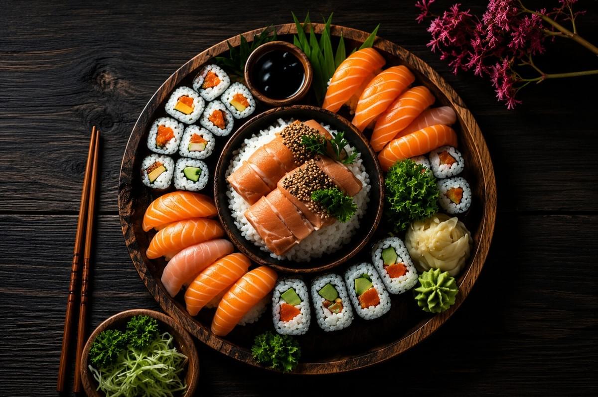 A round wooden platter filled with salmon nigiri, maki rolls, and a central bowl of salmon over rice.