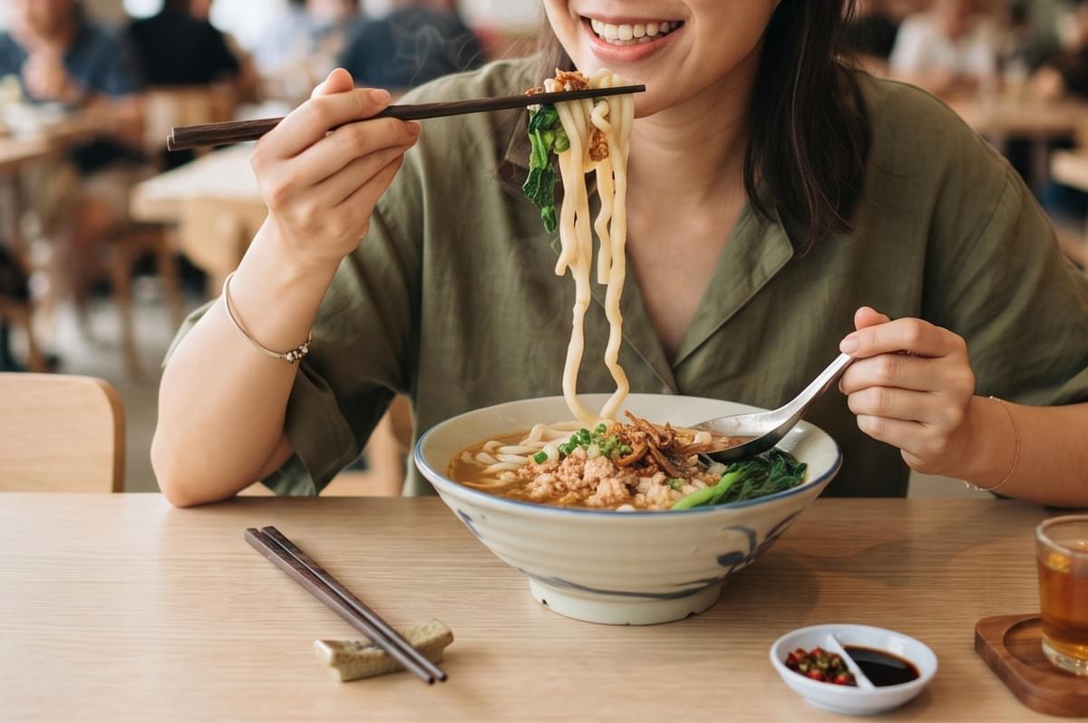 Woman eating a bowl of hot ban mian noodle soup with chopsticks in a restaurant.