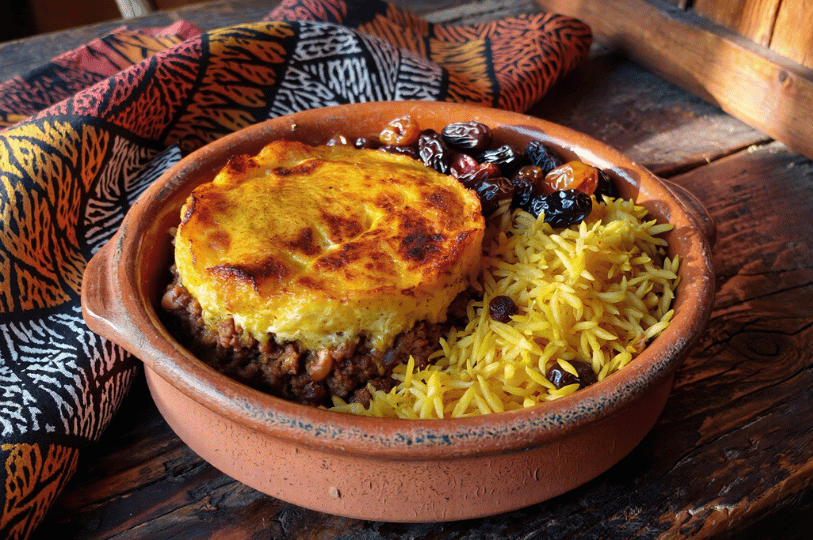 Traditional bobotie served in a rustic clay pot with a side of turmeric-tinted yellow rice and a garnish of dark raisins.