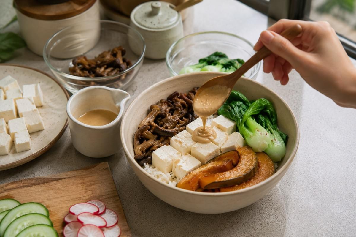 A person's hand, holding a wooden spoon, is captured mid-action drizzling a creamy, light-brown dressing over a freshly assembled vegetarian rice bowl. The bowl contains perfectly portioned ingredients, including blocks of firm tofu, roasted pumpkin, dark sautéed mushrooms, and vibrant green bok choy. In the background, there is a small plate filled with additional tofu cubes, bowls containing mushrooms and bok choy, a small pitcher of dressing, and a wooden cutting board with sliced cucumbers and radishes, illustrating the prep-and-assemble process.