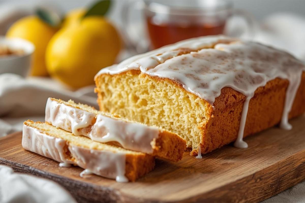 Close-up of a freshly baked lemon loaf cake with a thick, white glaze dripping down the sides, resting on a wooden cutting board with two slices cut and ready to serve.