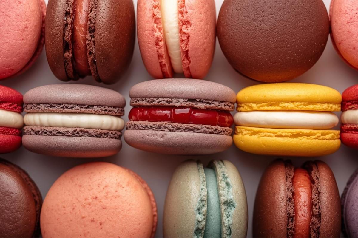 A tight, overhead view of a grid of colorful macarons with various fillings, including chocolate, white cream, vibrant red jam, and yellow citrus, showcasing different macaron flavors.