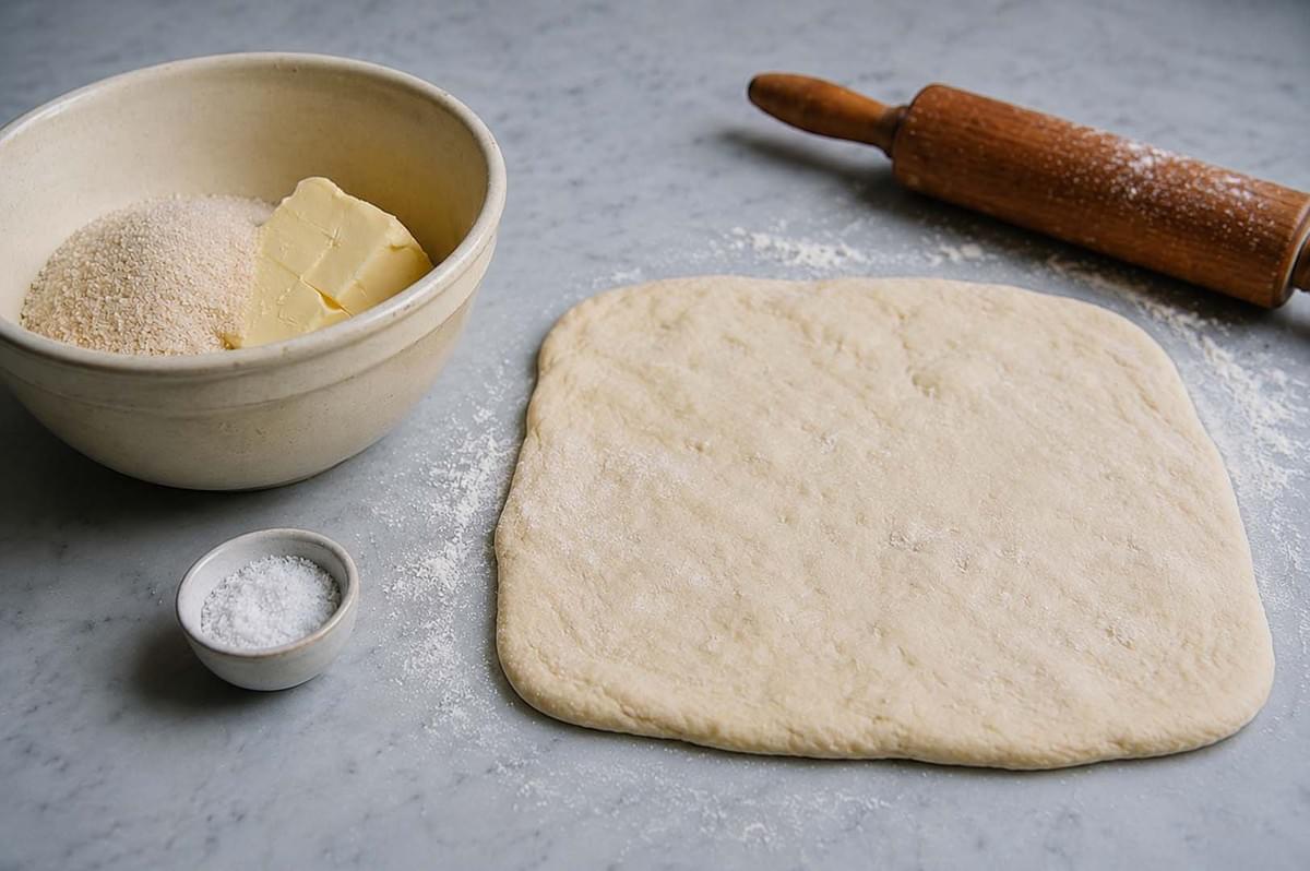 Dough and baking ingredients arranged on a counter