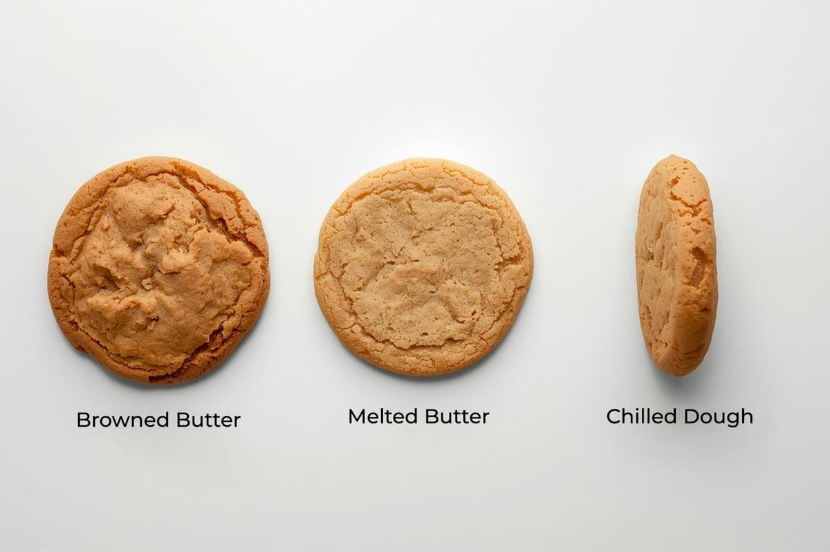 An overhead photo comparing three cookies side-by-side on a white background, clearly labeled to show the differences in spread and texture resulting from browned butter, melted butter, and chilled cookie dough.