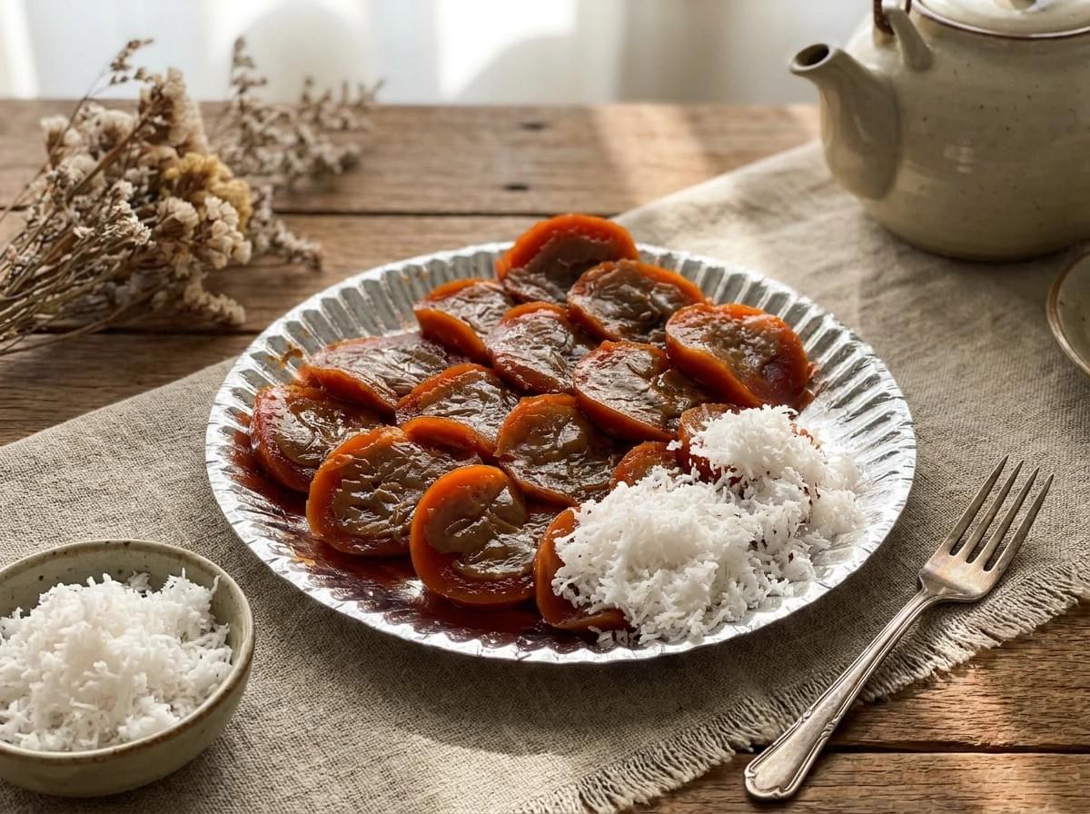 Kutsinta topped with grated coconut served on a silver platter next to a teapot.