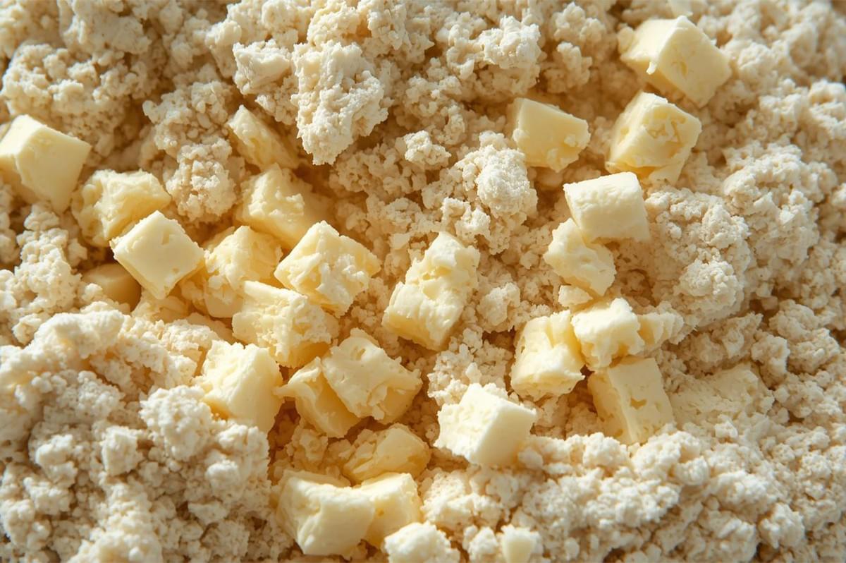 Macro close-up of small, cold cubes of butter cut into flour, showing the start of the process for making flaky pastry dough for empanada crusts.