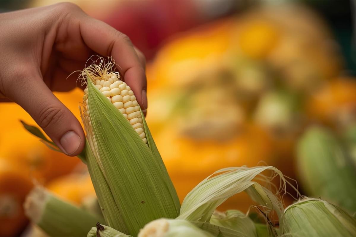 A hand peeling back the husks of an ear of white sweet corn to inspect the fresh, pale kernels, with a blurred background of yellow produce.