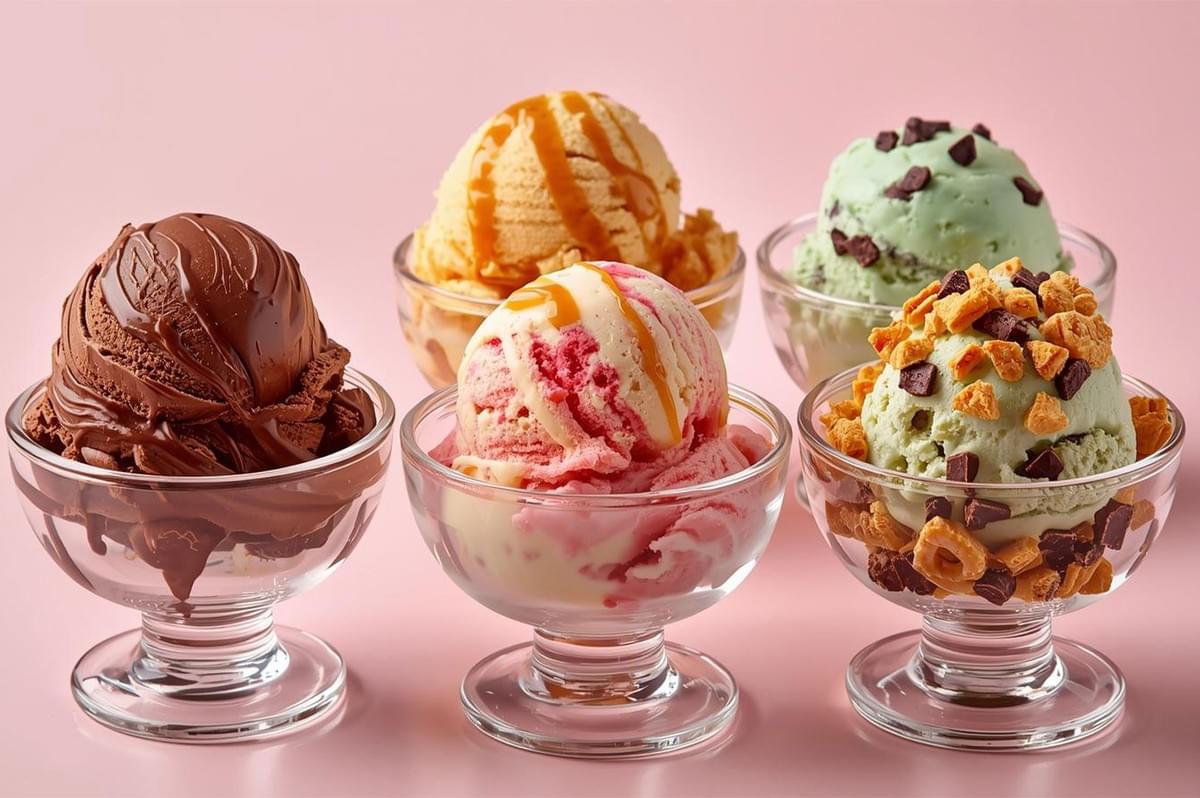 Five scoops of various ice cream flavors—chocolate, caramel, strawberry swirl, mint chip, and pistachio—served in glass dessert bowls on a pink background.