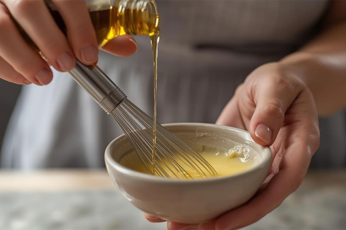 Close-up of a person's hands holding a wire whisk and a small bowl, carefully pouring a thin stream of golden oil into a yellow mixture (likely egg yolks) to create an emulsion.