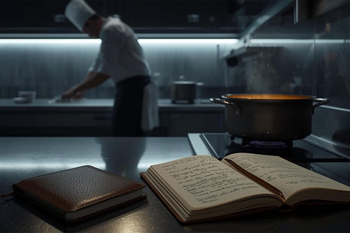 A dark, moody shot of an open, handwritten cookbook on a stainless steel counter next to a steaming pot on a stove, with a blurred chef working in the background.