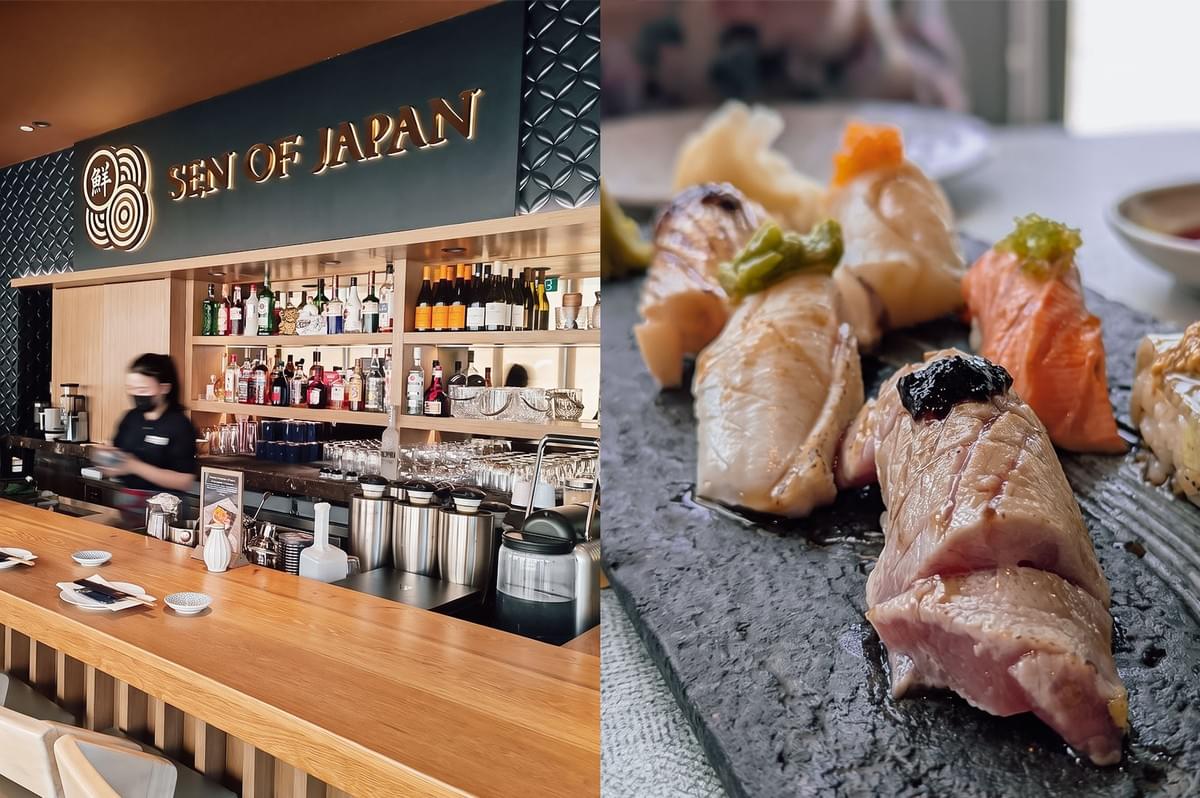 left: Interior view of a sleek Japanese bar and restaurant counter. A long, smooth wooden bar top lined with light wood bar stools is set with small plates and chopsticks. Behind the counter, a staff member wearing a face mask stands in front of illuminated shelves displaying spirits, wine, and glassware. Above the bar, illuminated gold lettering spells "SEN OF JAPAN" alongside a circular logo against a black geometric textured wall. right: A close-up shot of a slate platter with various pieces of seared (aburi) nigiri sushi. In the foreground, a thick slice of seared tuna is topped with a black sauce dot. Surrounding pieces include seared salmon with green tobiko, white fish topped with mustard seeds, and other seared fish garnished with wasabi and orange roe. Wasabi and pickled ginger rest in the background alongside a small dish of soy sauce. 