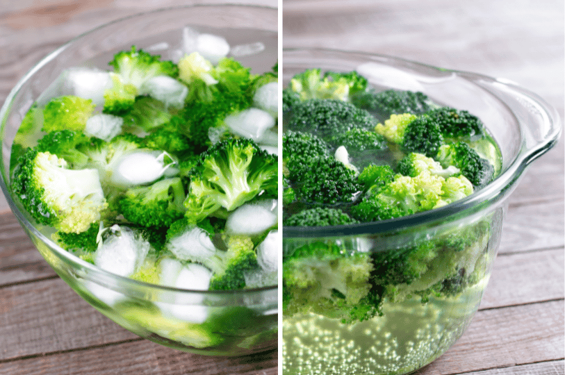 Vibrant green broccoli florets blanched and floating in a glass bowl filled with ice and water on the left, Vibrant green broccoli florets shocked to lock in texture and color on the right.