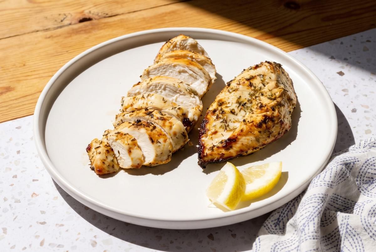 Sliced herb-seasoned grilled chicken breast served on a ceramic plate with fresh lemon wedges.