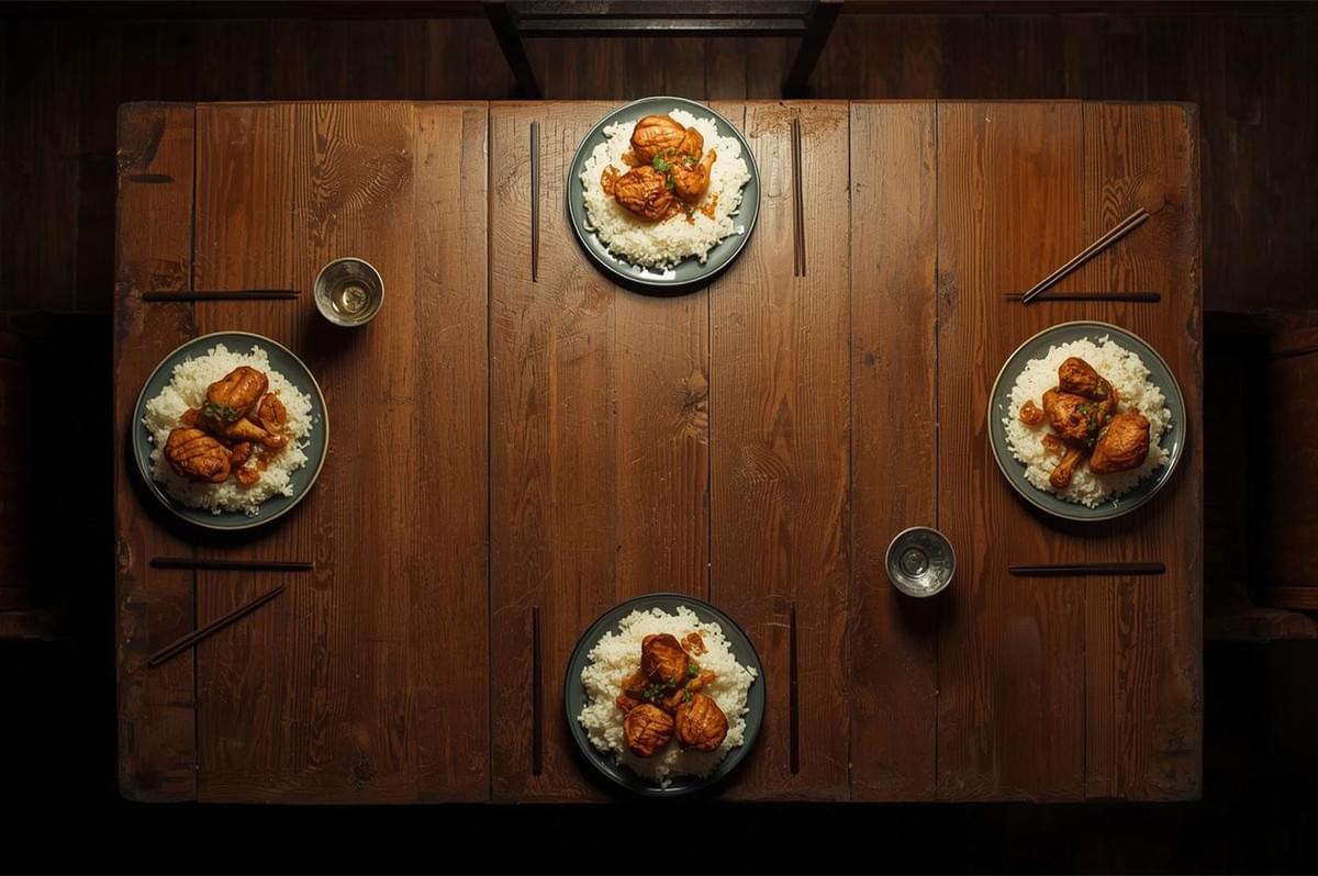 Overhead flat-lay view of a rustic wooden dining table set for four, featuring plates of chicken and rice, chopsticks, and small metal cups