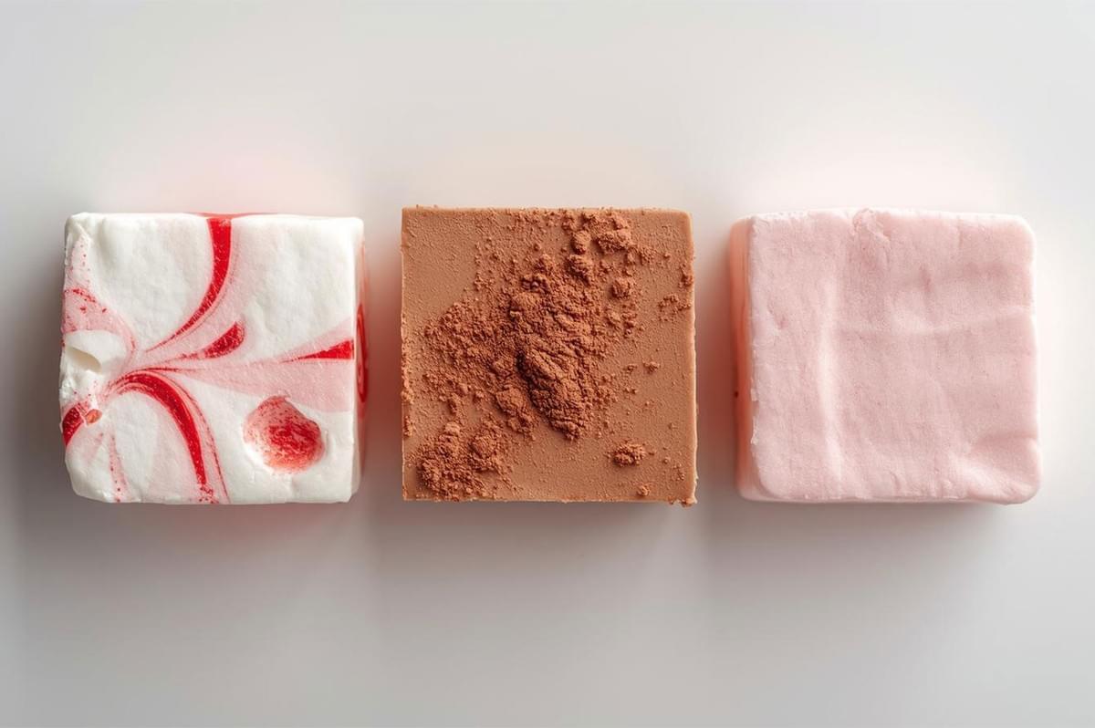 Top-down view of three square, gourmet marshmallows side-by-side: one white with red peppermint swirls, one brown with cocoa powder, and one solid light pink.