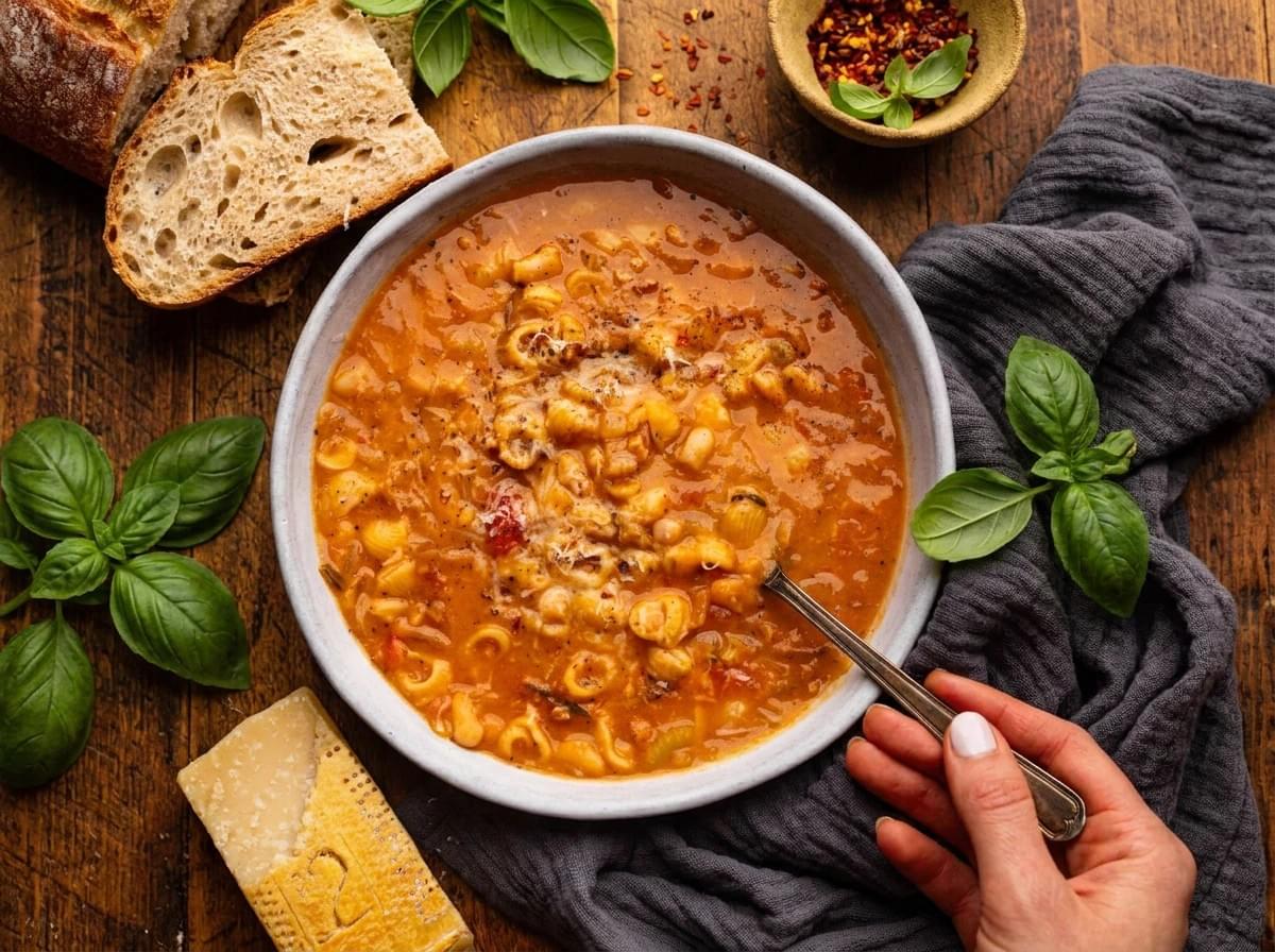 Overhead view of a hand dipping a spoon into a bowl of pasta e fagioli, surrounded by crusty bread, fresh basil, and Parmesan cheese.
