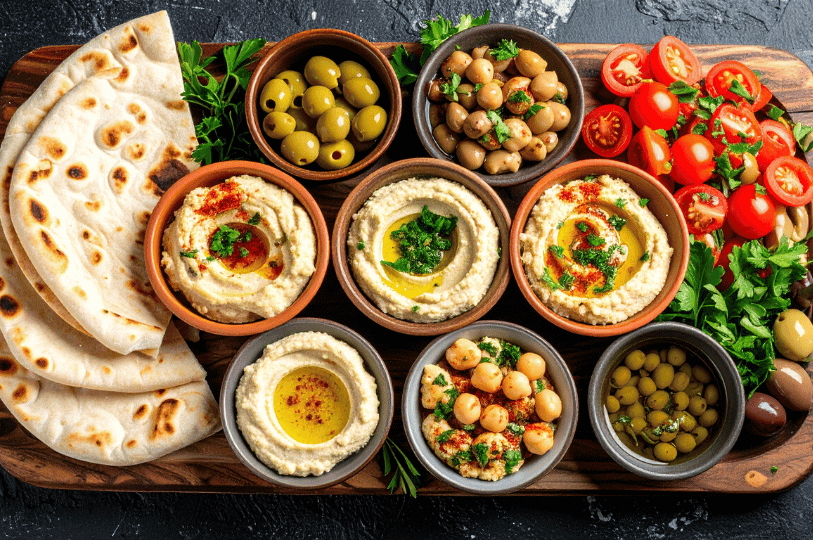 A vibrant overhead shot of a wooden board featuring several bowls of hummus topped with olive oil and paprika, accompanied by green olives, seasoned chickpeas, fresh cherry tomato salad, and stacks of warm pita bread.