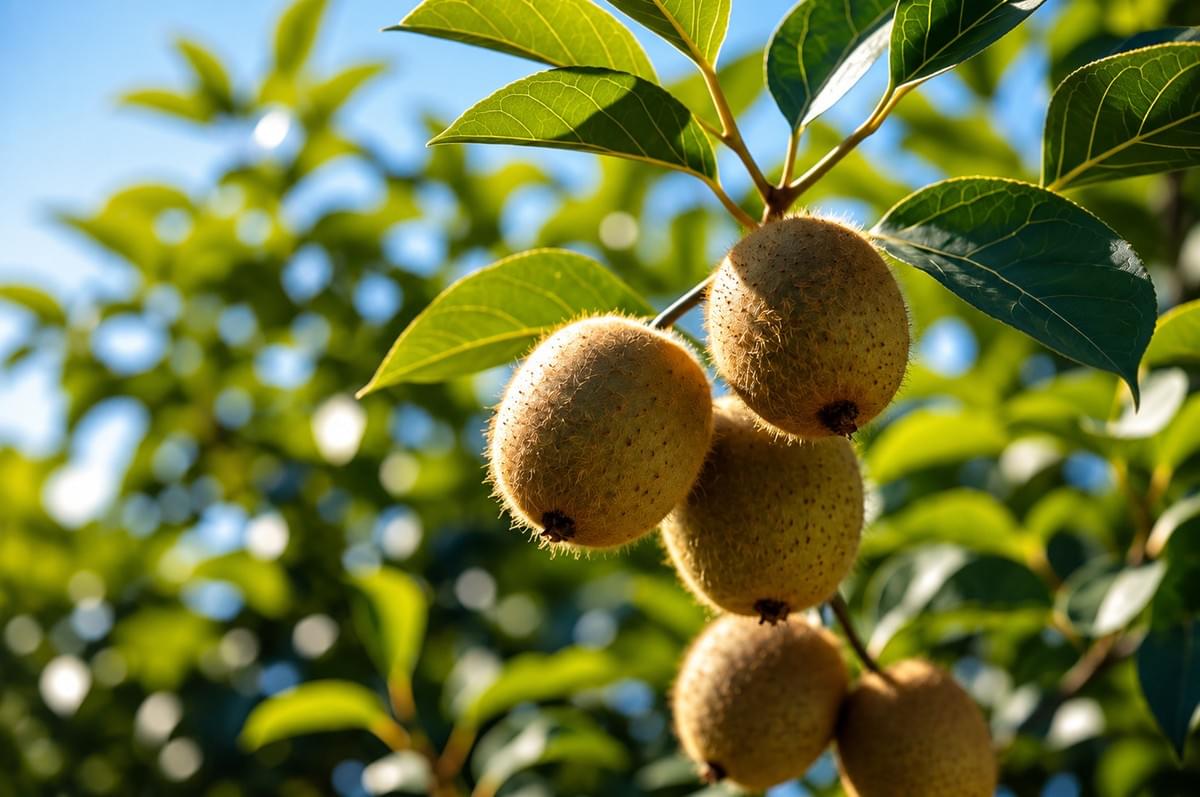 Cluster of fuzzy brown kiwifruits growing on a tree branch surrounded by green leaves.