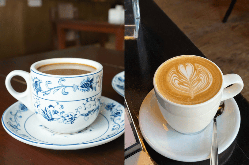 A side-by-side visual comparison featuring a traditional Kopi dark brew in a blue-and-white patterned cup on the left, and a modern Western latte with heart-shaped latte art in a plain white cup on the right.