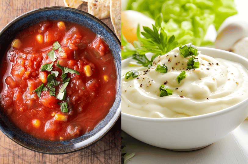 A split image showing the two classic Patatas Bravas sauces. On the left is a dark blue bowl filled with a thick, chunky, bright red tomato-based sauce (salsa), containing visible corn kernels and garnished with fresh cilantro. On the right is a small white bowl filled with a thick, smooth, pale yellow-white sauce (aioli/mayonnaise), garnished with chopped chives and black pepper.