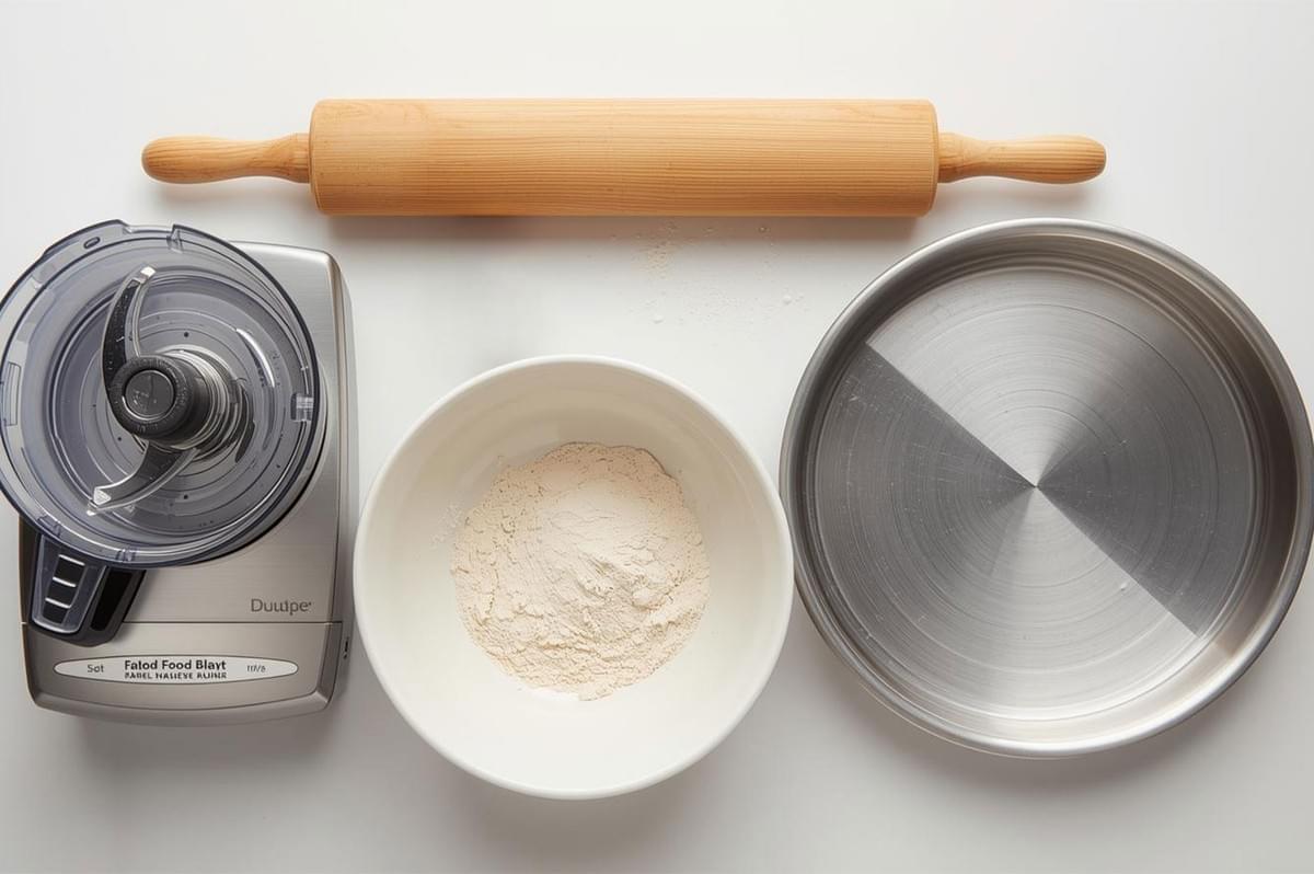 Overhead flat lay of baking tools: a wooden rolling pin, a food processor base and blade, a bowl of flour, and a round metal pie pan.