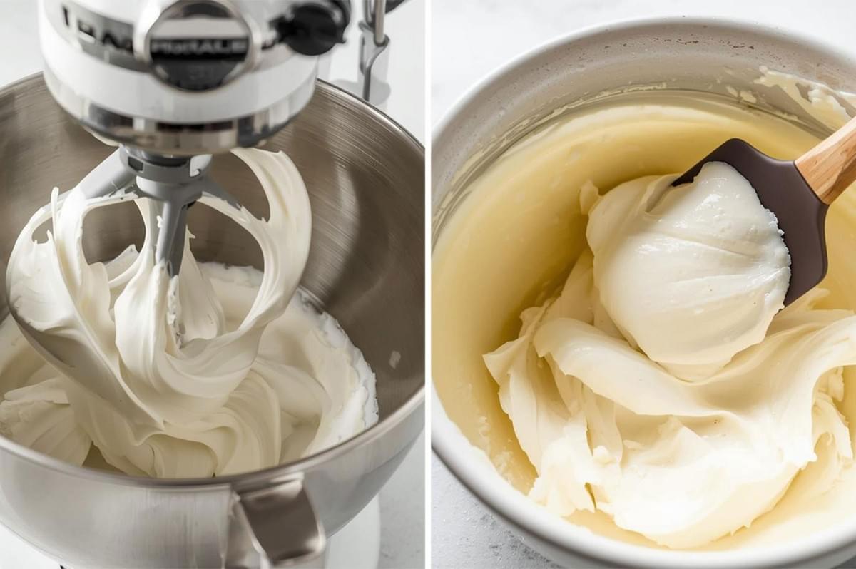 Split image showing two steps in ice cream making: (L) heavy cream being whipped into stiff peaks in a stand mixer, and (R) a spatula folding the whipped cream into the base mixture.