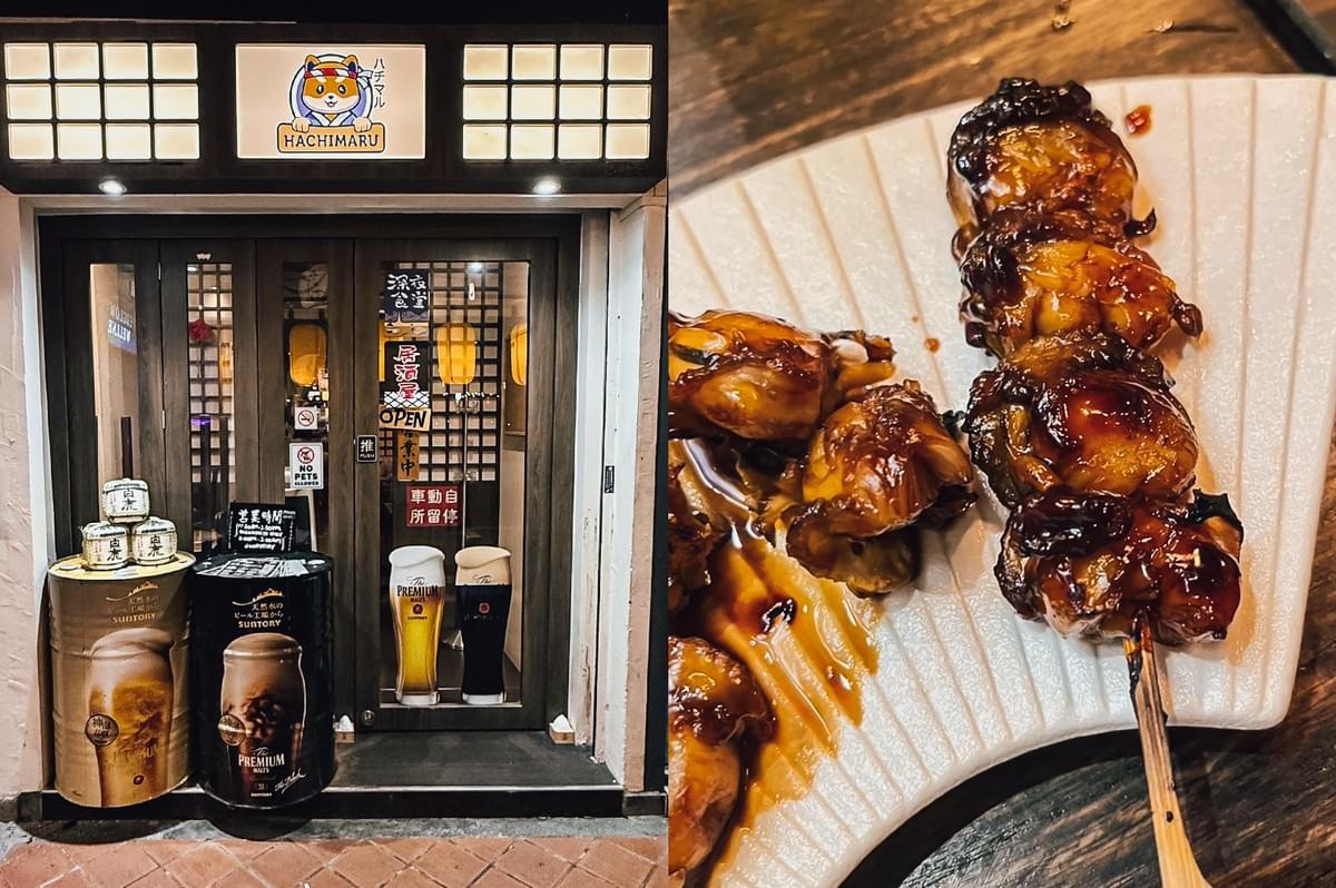 Left: Eye-level front view of a Japanese izakaya entrance with illuminated ‘HACHIMARU’ signage featuring a cartoon logo above a double glass door, flanked by beer barrel displays and posters, with visible ‘OPEN’ sign and beverage graphics in a compact street-facing setting. Right: Close-up, top-down angle of glazed grilled skewers on a white ridged plate, showing caramelized sauce, charred edges, and glossy textures on bite-sized pieces of meat.