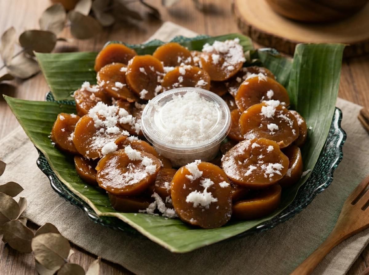Platter of kutsinta served on banana leaves with a small side cup of grated coconut.