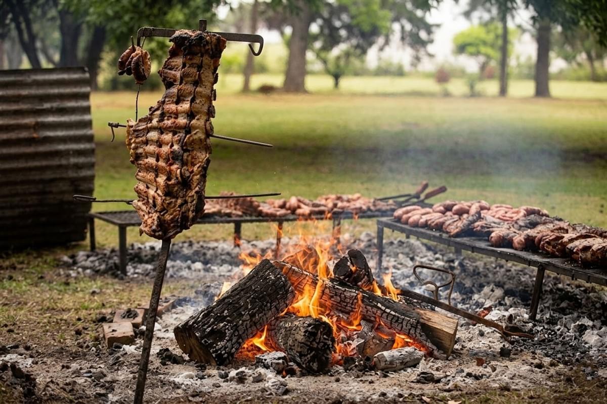Traditional Argentine asado with meat on cross grill over open fire